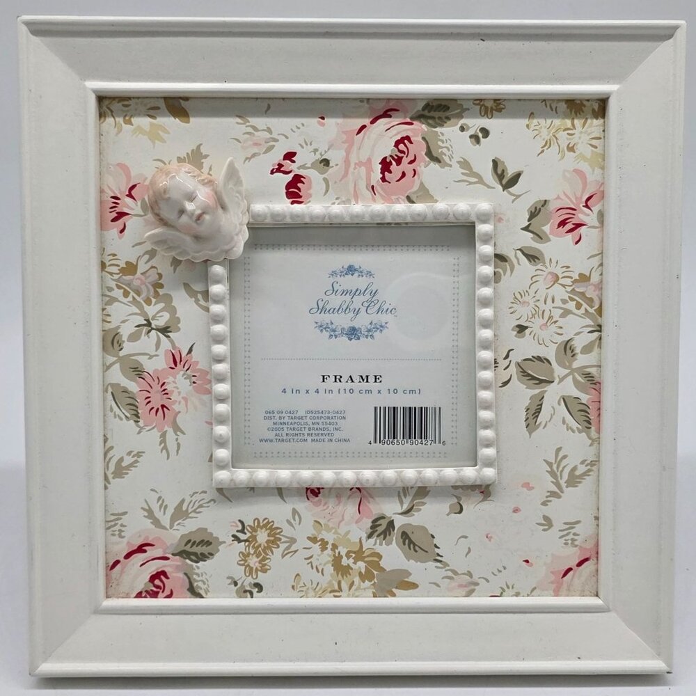 Simply Shabby Chic White 4"x4" Photo Frame With Floral Background & Angel Accent